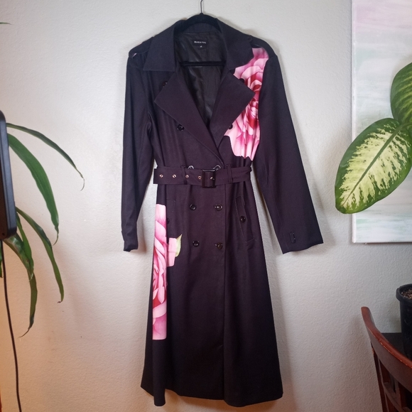 Maraval Silky Black Pink Rose Floral Bohemian Belted Classic Trench Coat Dress M - Picture 5 of 11